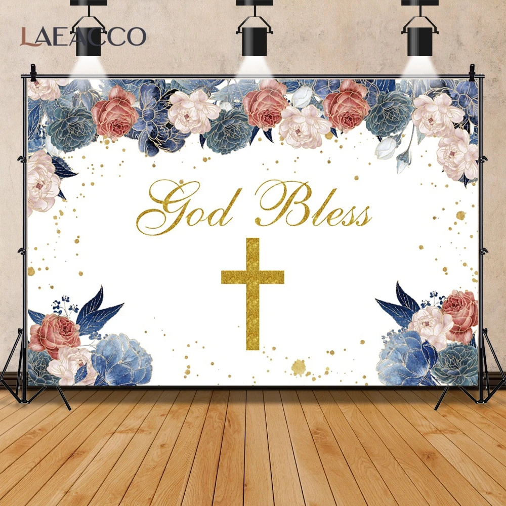 Custom White Blue Red Flower Gold Cross God Bless Photographic Party Background Banner Photography Photocall Backdrop Decor Prop