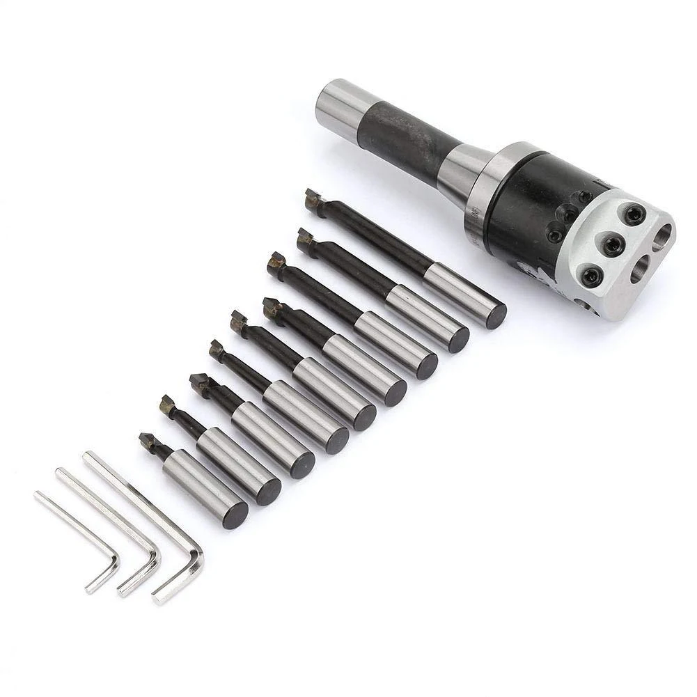 

2 Inch Boring Head R8 Shank Holder Boring Head Set With 1/2 Inch Indexable Boring Bars 13 PCS Carbide Boring Head Tool Set-AB09
