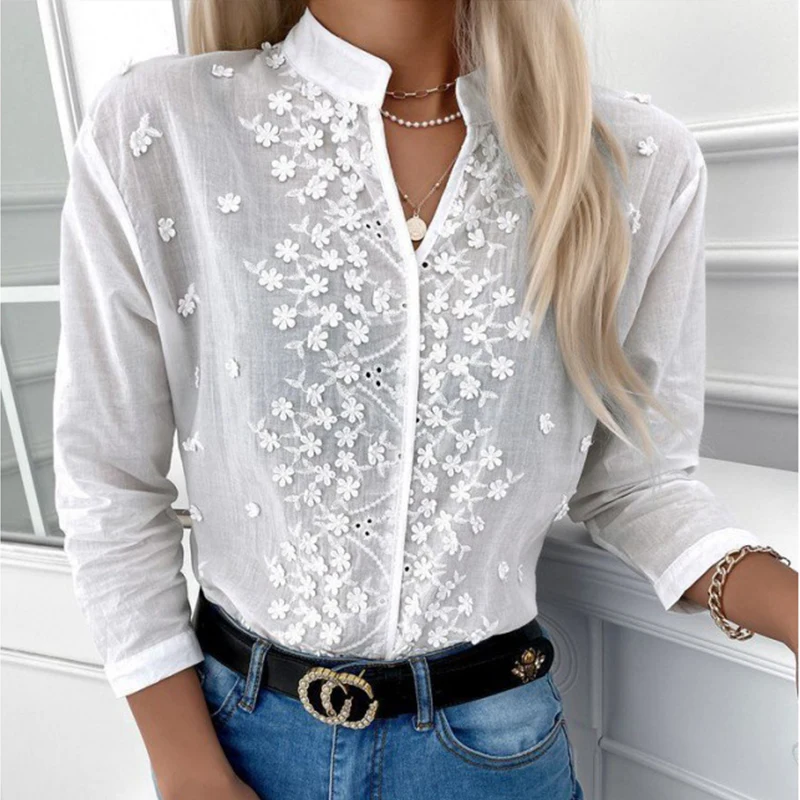 Spring Autumn New Embroidery Floral Cotton Blouse Women Solid Lady Long Sleeve Shirt Hollow-out Patterns Casual Lace Chic Tops