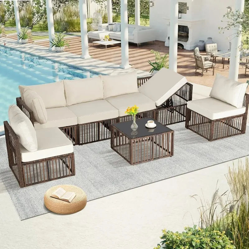 7pc Patio Sectional Set Adjustable Wicker Sofa Cushion Coffee Table Garden Poolside, Customized