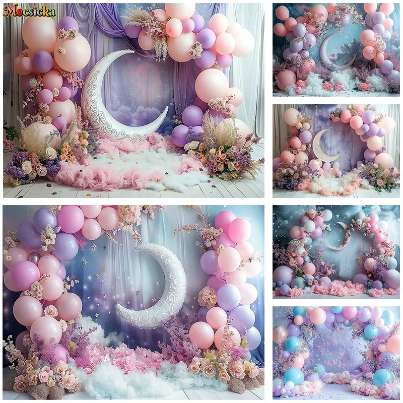 

Mocsicka Baby Show Photography Background Birthday Party Purple Balloon Moon Glitter Backdrop Cake Smash Studio Photo Banner