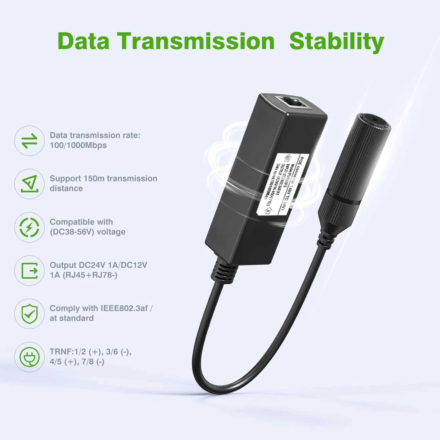 기가비트 PoE 48V ~ 24V PoE 변환기, RJ45 포트 출력 24V/1A, 패시브 24V 장치용 IEEE802.3af/at