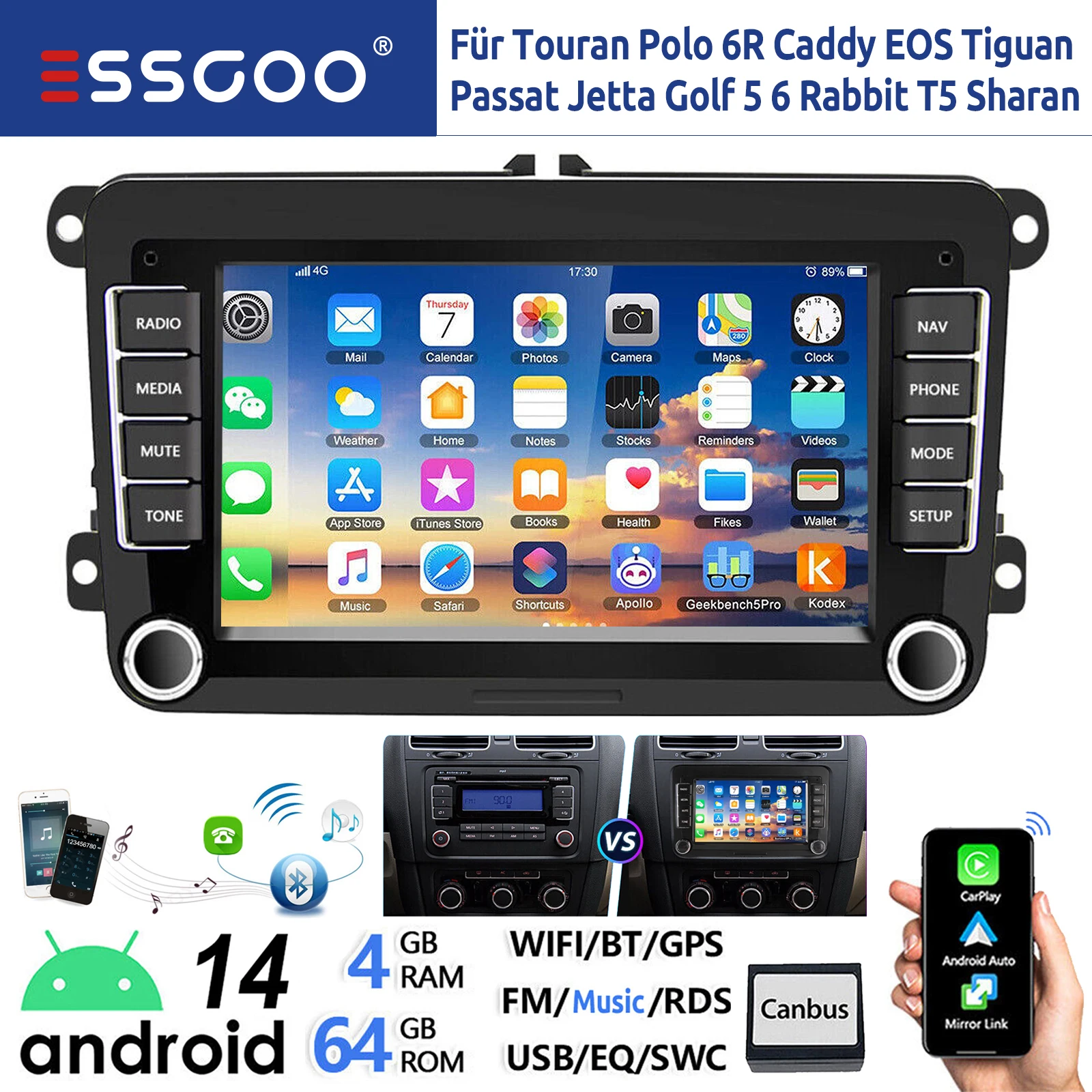 ESSGOO 7" Android 14 4G+64G Wireless Apple Carplay Autoradio GPS NAVI WIFI RDS FM Bluetooth für VW Golf 5 6 Passat Polo 6R Touran Tiguan Caddy EOS Jetta Seat Skoda Touchscreen Mirror Link USB Android
