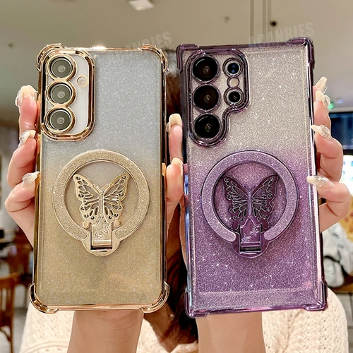 삼성 갤럭시 S24 S25 S23 S22 S20 S21 Fe 플러스 울트라 실리콘 스탠드 커버, S 24 25 22 도금 나비 거치대 케이스, 노트 20  Best5