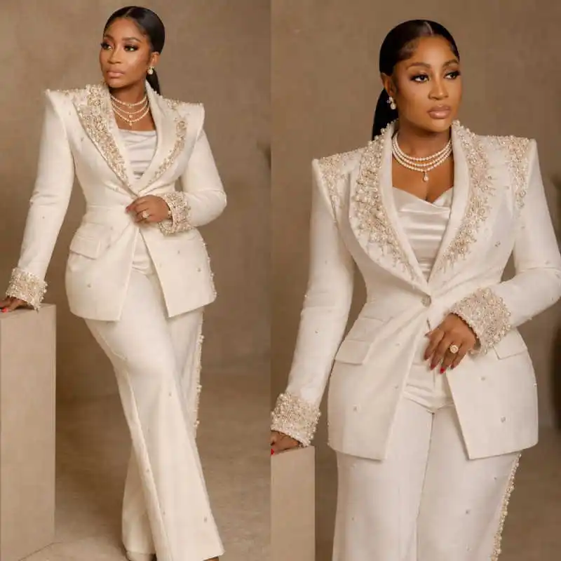 Plus Size Women Pants Sets Pearls Beads Appliques Slim Fit Ladies Prom Birthday Party Wear Outfit 2 Pieces Customized