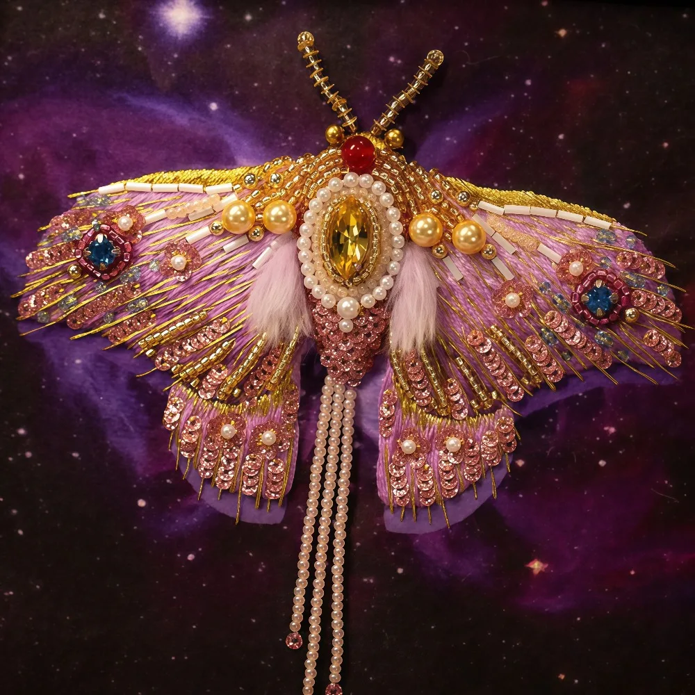 3D Stereoscopic Starry Night Moth Bead Embroidery DIY Kit, Containing English Step-by-Step Diagrams + Video Tutorials. It Is a B