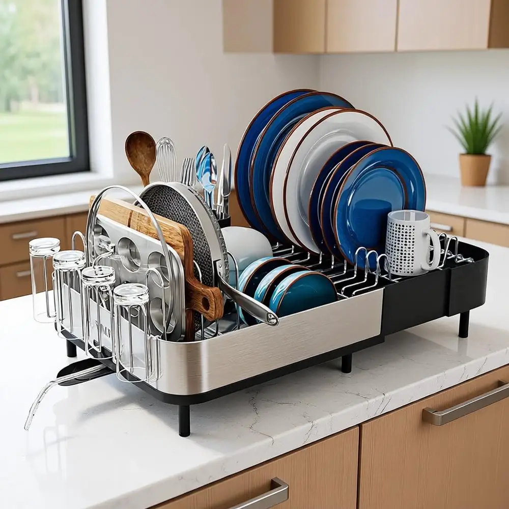 

Space-Saving Stainless Steel Expandable Dish Rack with Drain Spout, Black