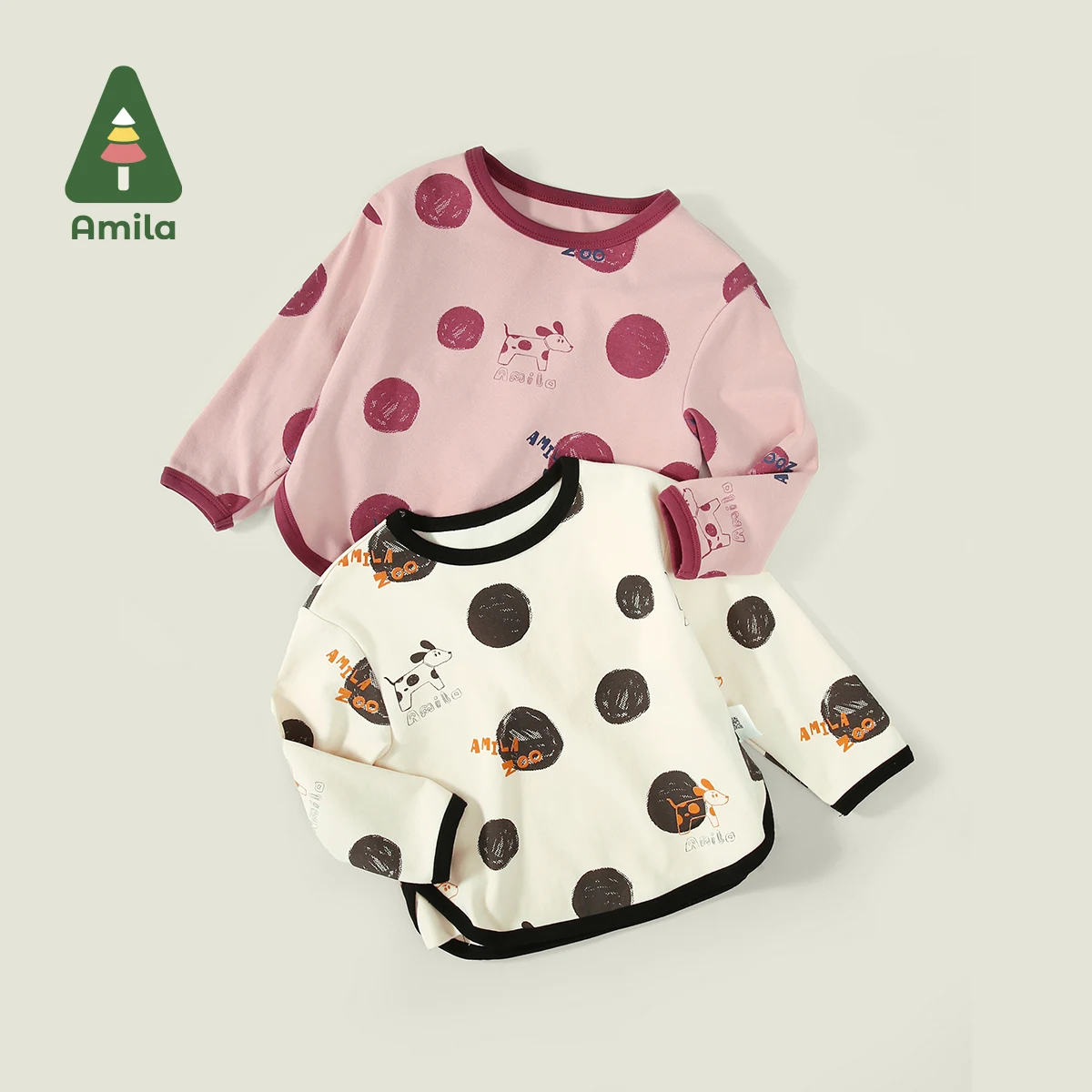 Amila Baby T-Shirt 2024 Autumn New Girls Polka Dot Contrast Color Cotton Cute Soft Breathable Loose Children’s Long-Sleeved Top