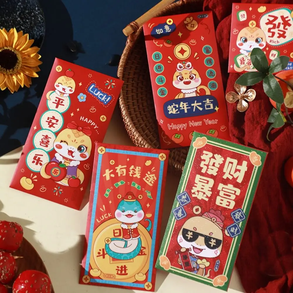 12Pcs Chinese 2025 Year Red Envelope Best Wishes Spring Festival Snake New Year Red Packet HongBao Blessing Lucky Red Pockets