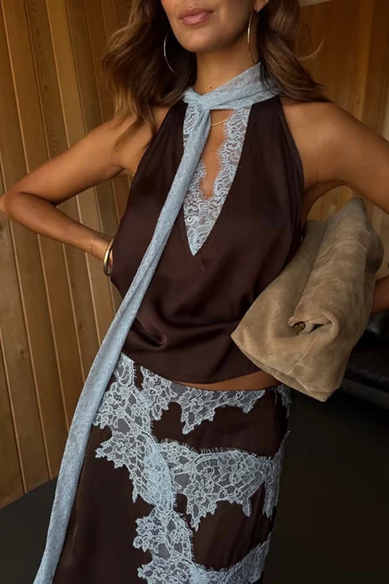 Sexy Lace Embroidery Splice Satin 2 Piece Sets Women Outfit Summer Clothes Women Sleeveless Top Long Skirt Suit Satin Dress Sets