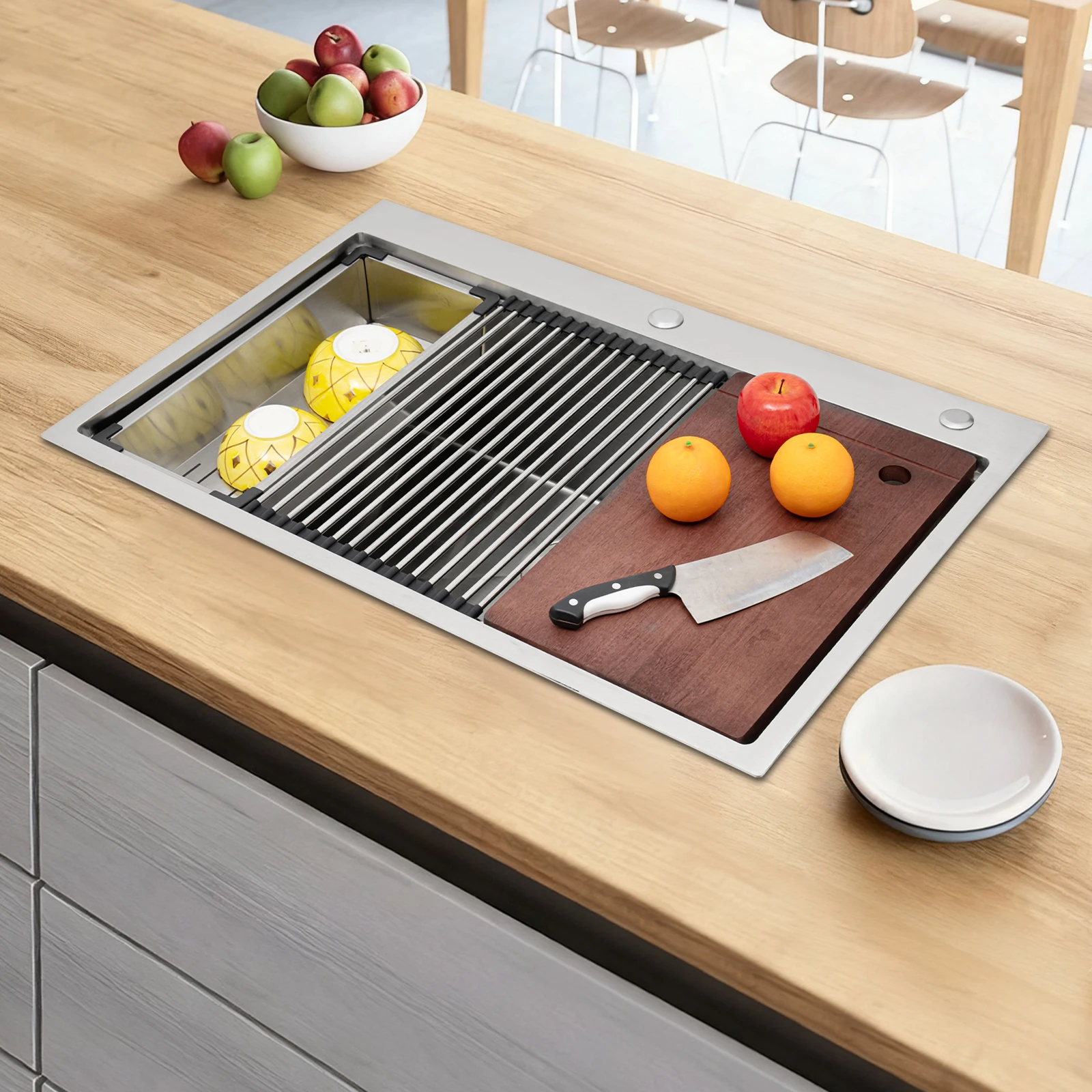 

33 Inch Drop-In Kitchen Sink Workstation, 304 Stainless Steel (Rust-Resistant), Built-In Prep Accessories, for Home Kitchens