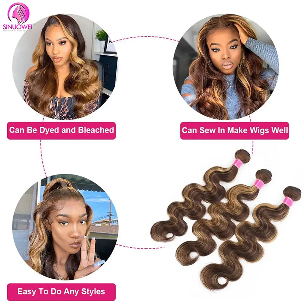 Bundles brésiliens de cheveux humains Body Wave, Extensions de cheveux Remy colorés, Highlight Bundles, 4/27 Honey Blonde, 3/4 PCs, Richesse