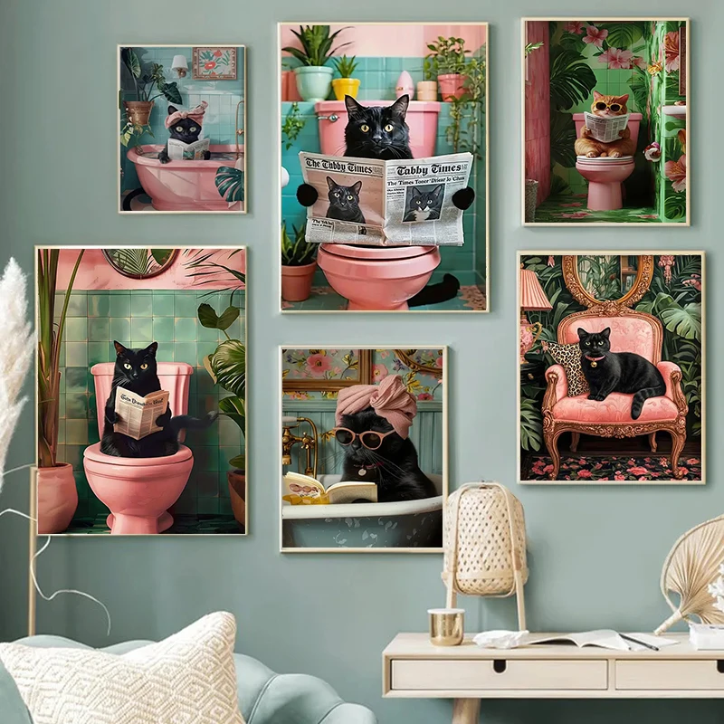 Fashion Cat Reading Newspaper In Bathtub Canvas Art Printing - Fun Cat Reading, Poster Printing, For Office Bathroom Home Dec