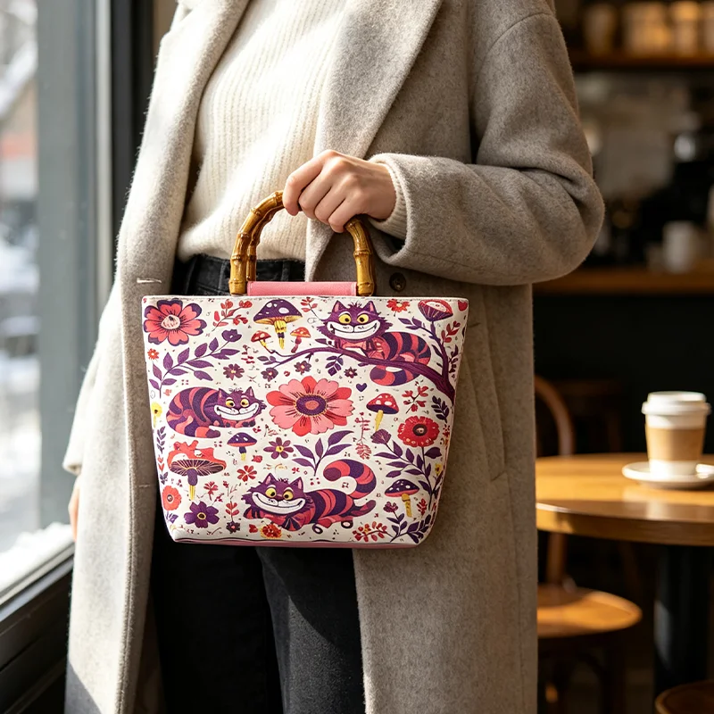 Retro cartoon purple kitten floral print faux bamboo handle ladies' tote bag, white base with purple-pink cartoon pattern