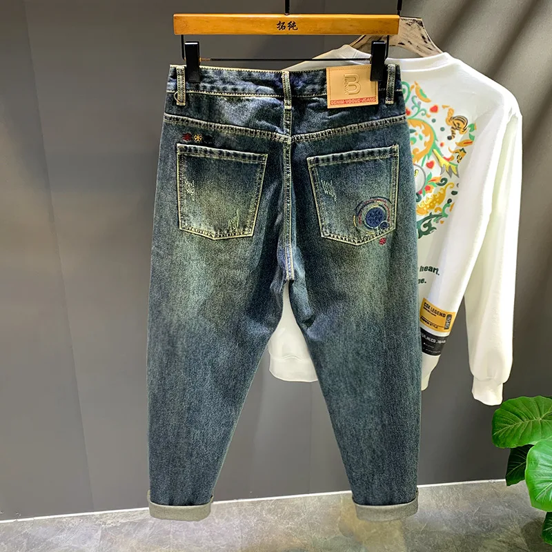 High Street Trendy Brand Retro Piercing Trendy Embroidered Jeans Men's Four Seasons Loose Large Straight Leg Pants