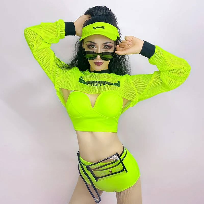 Fluorescence Green Jazz Dance Performance Stage Costume Adult Tank Top Kpop Outfit Nightclub Bar Dancer Rave Outfit YS4501