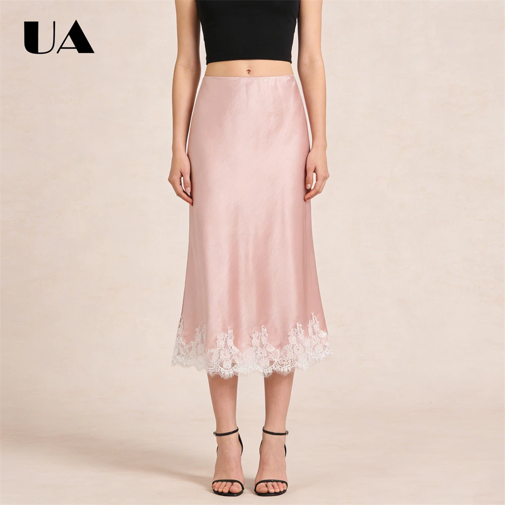 

ULBYANRY Lace Patchwork Silky Skirt for Spring 2026, New Hanging Glossy A Line Mid Length Skirts