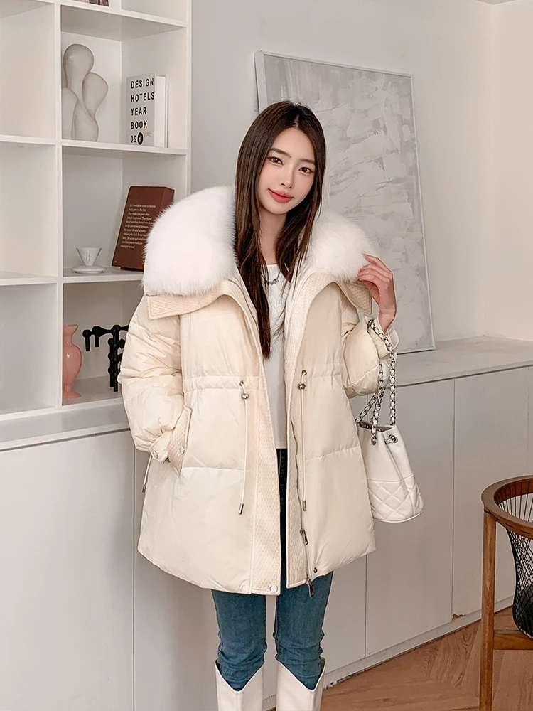 Winter Warm Coat Women\'s White Goose Down Down Jacket Fashion Fox Big Fur Collar Design Drawstring Waist Sweet Women\'s Coat