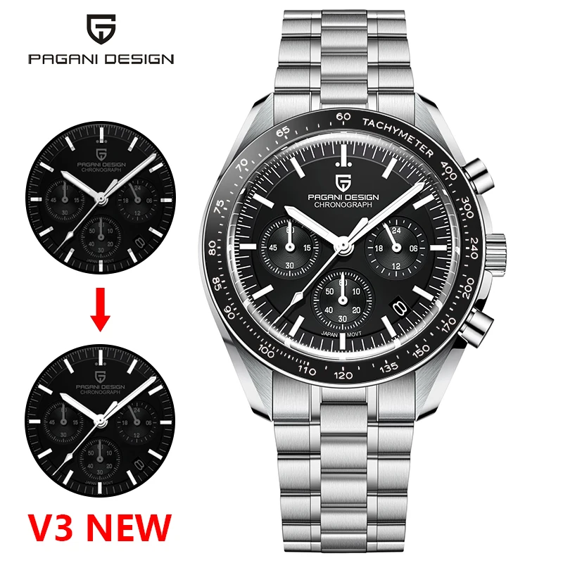 PAGANI DESIGN-reloj analógico de acero inoxidable para hombre, cronógrafo de cuarzo, resistente al agua, con Luna, zafiro, VK63