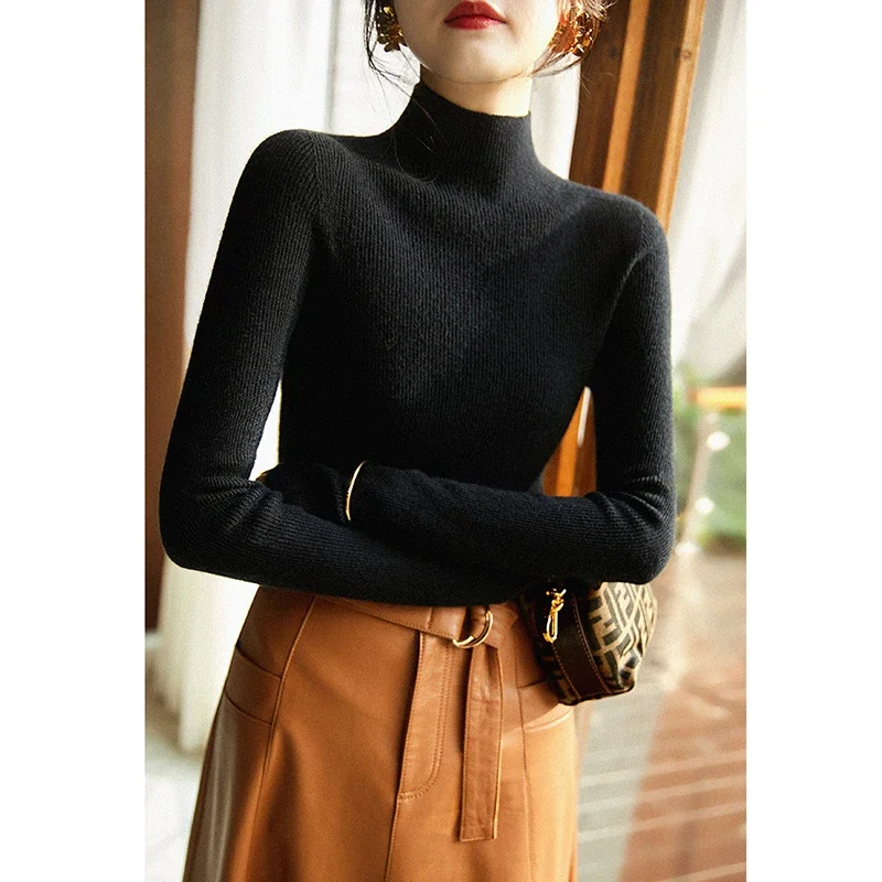 เทคโนโลยีอิตาลีผ้าขนสัตว์อินทรีย์แคชเมียร์ไม่มีรอยต่อกึ่งสูงคอถักฤดูใบไม้ร่วงและฤดูหนาวเสื้อด้านล่างหลากสี