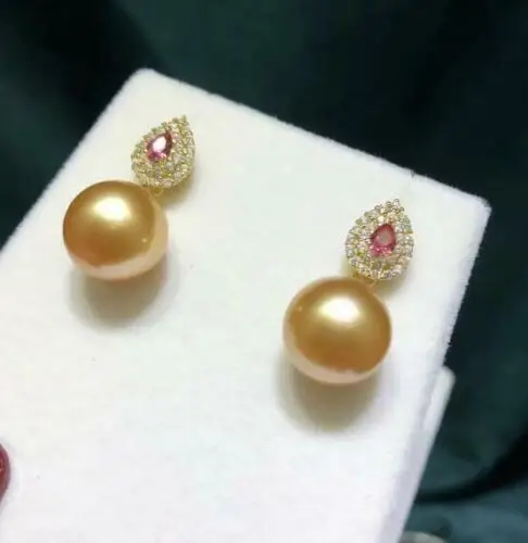 Gorgeous AAAAA 11-10mm South Sea Golden Round Pearl Pendant &earring Sets