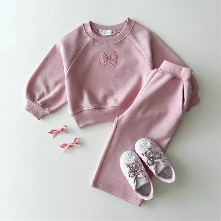 Girls Autumn Clothing Korean Children Clothing Cotton Bow Girls Baby Autumn Set Little Girls O-neck Hoodie Pant Two-piece Set