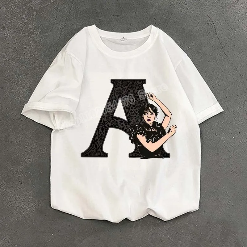 

Wednesday Season 2 Adult Short-sleeve T-shirt Letter A-Z Print Cotton Tops Womens Fashion Casual Clothing Breathable Tees Gifts
