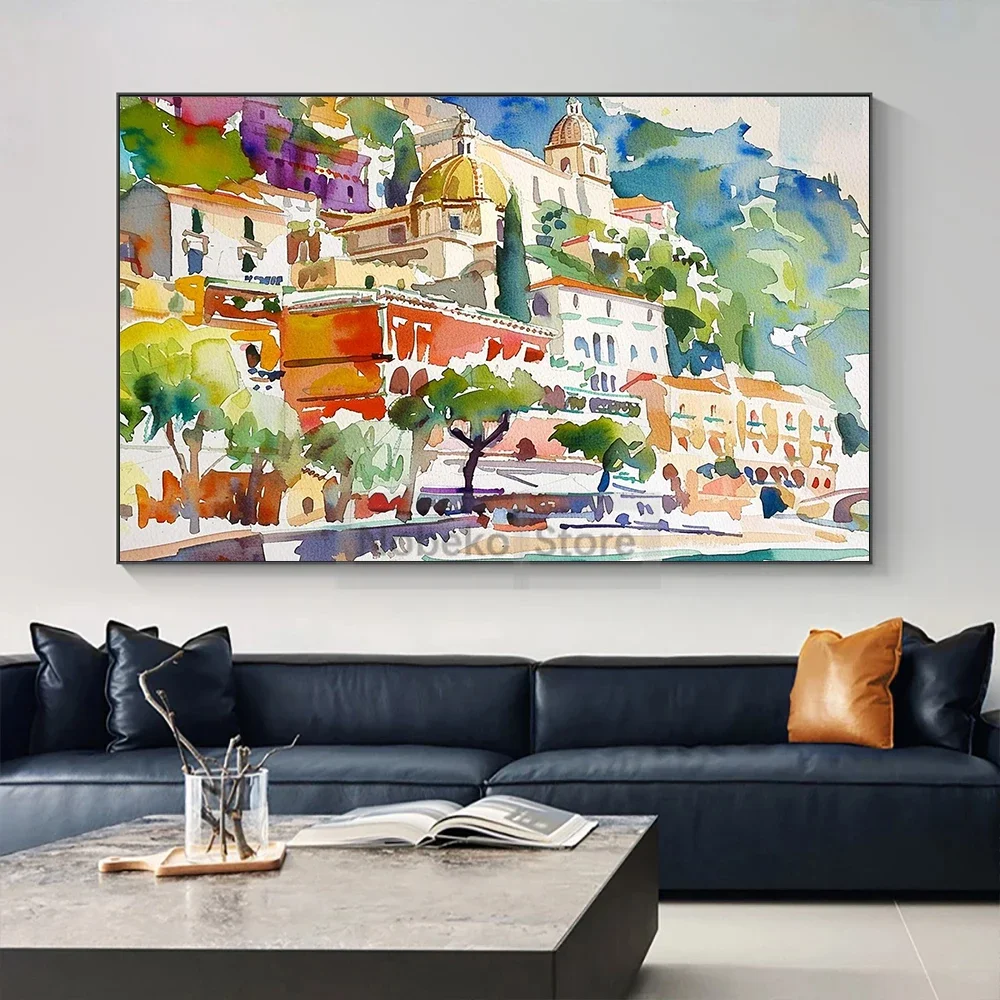 الإيطالية أمالفي كوست سيتي سكيب المشارك بوسيتانو المائية المشهد الساحلي يطبع حائط لوح رسم الفن ديكور غرفة المنزل