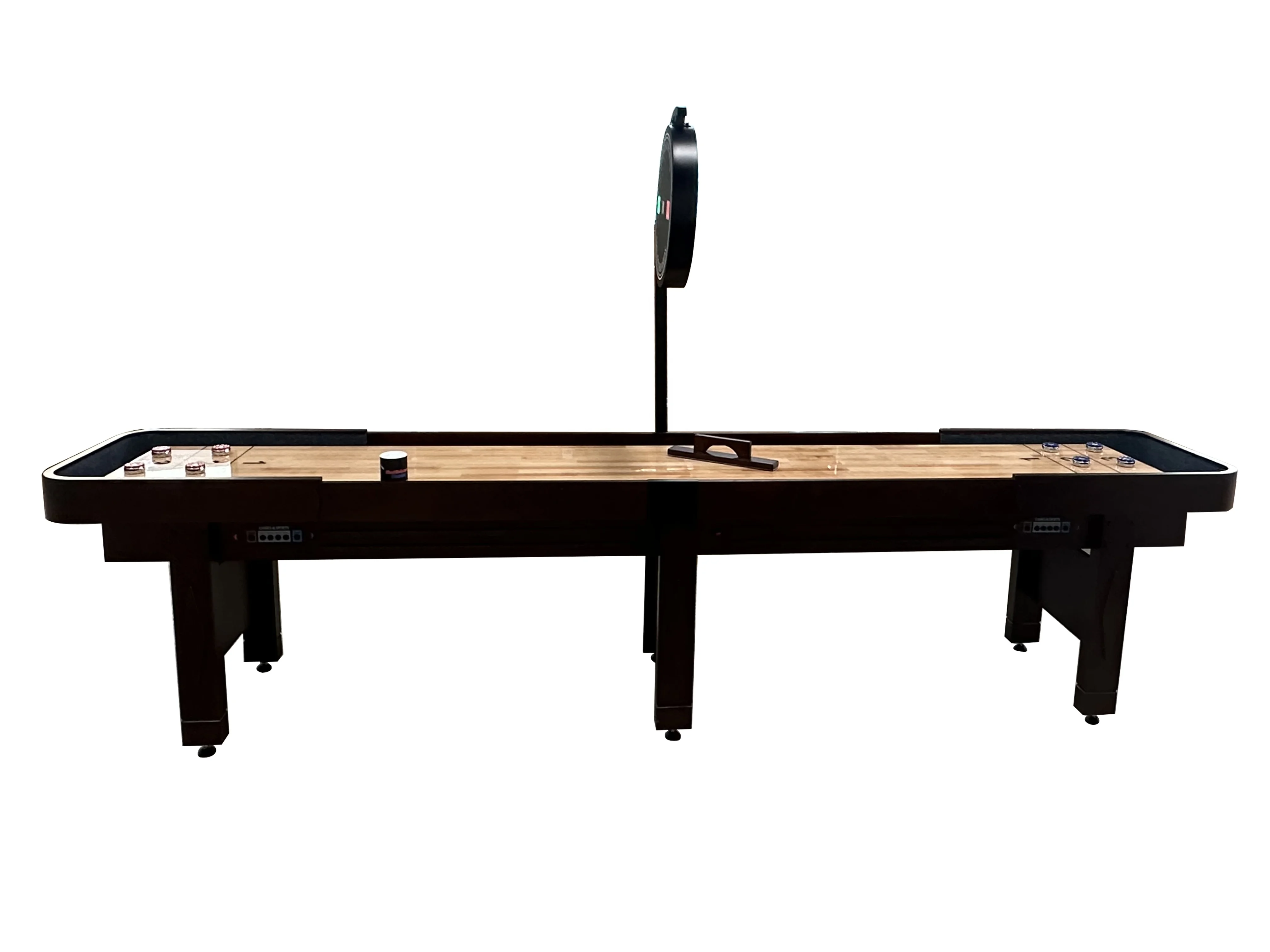 12 ft solid wood shuffleboard table with round electronic scorer board