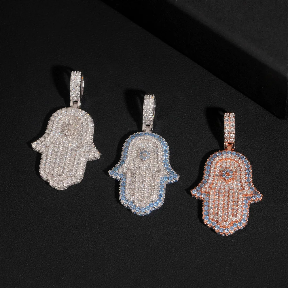 Iced Bling 5a Zircon Hamsa Pendant 925 Sterling Silver Hiphop Rock Fatima Hand Necklaces Women Men  with Rope Chain Wholesale