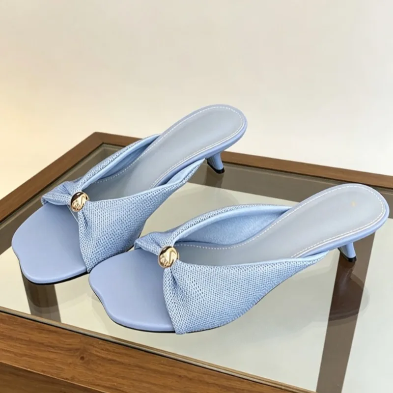 Women's Square Open Toe Twisted Strap Pearl Decor Slip‑On Stiletto Heel Mule Sandals, Minimalist Elegant Daily Footwear, Drop