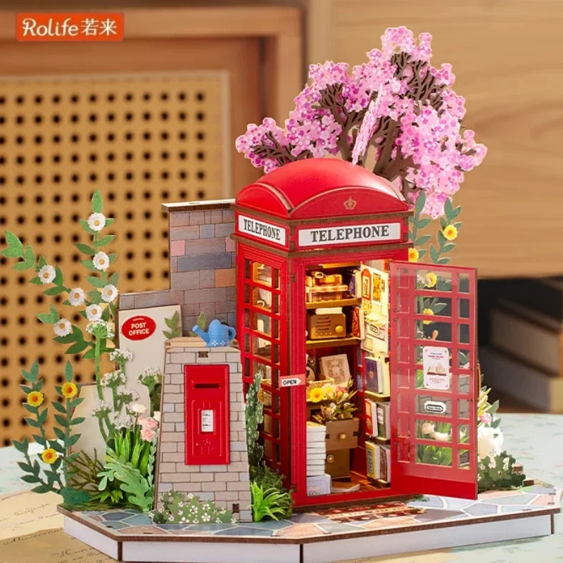Rolife Blossom Book Booth Wooden Building Block 3D Puzzle Assembly Model British-Style Telephone Booth Bookshelf DIY Toy Gifts