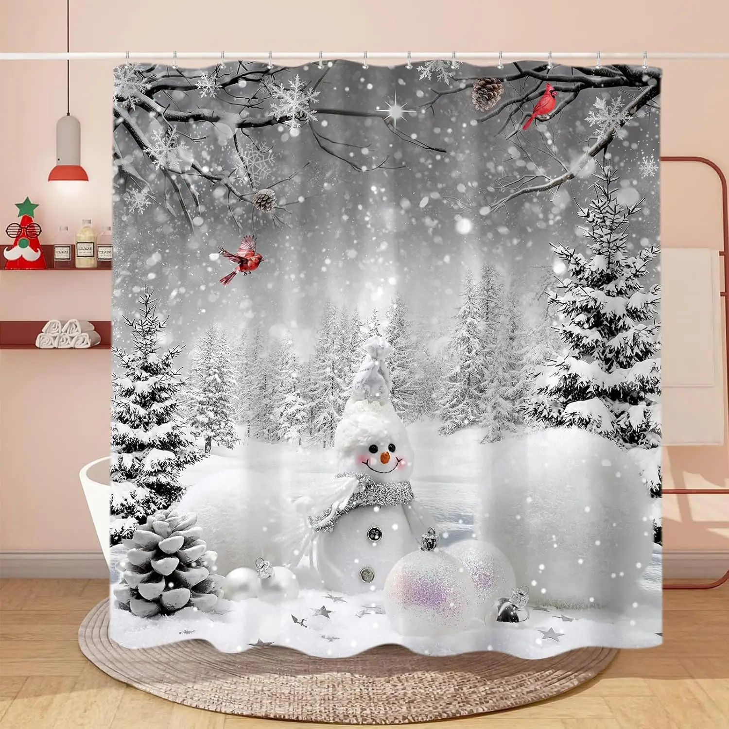 Christmas Snowman Shower Curtain, Grey Winter Forest Cardinal Fabric Shower Curtains Set for Bathroom Decoration with Hooks