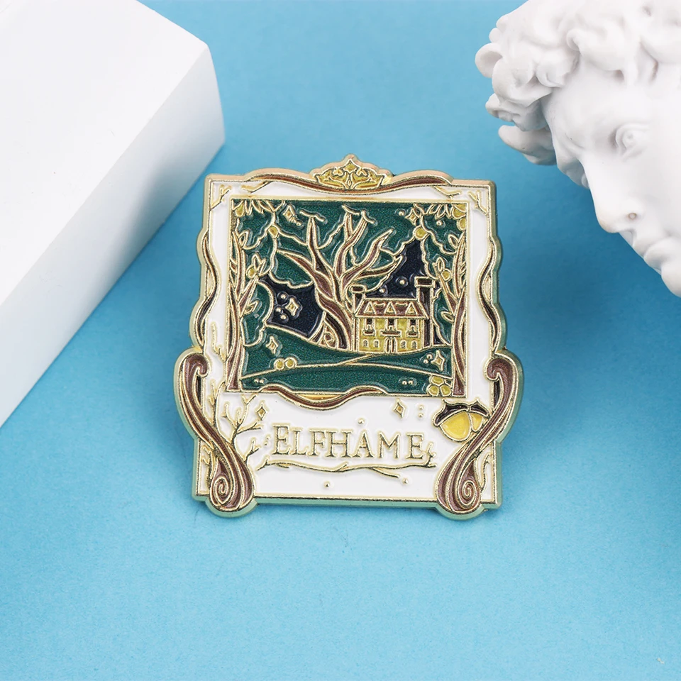 Novelas de fantasía letras ELFHAME escena de cuento de hadas esmalte alfileres de Metal broche insignia joyería regalo para fanáticos de obras literarias