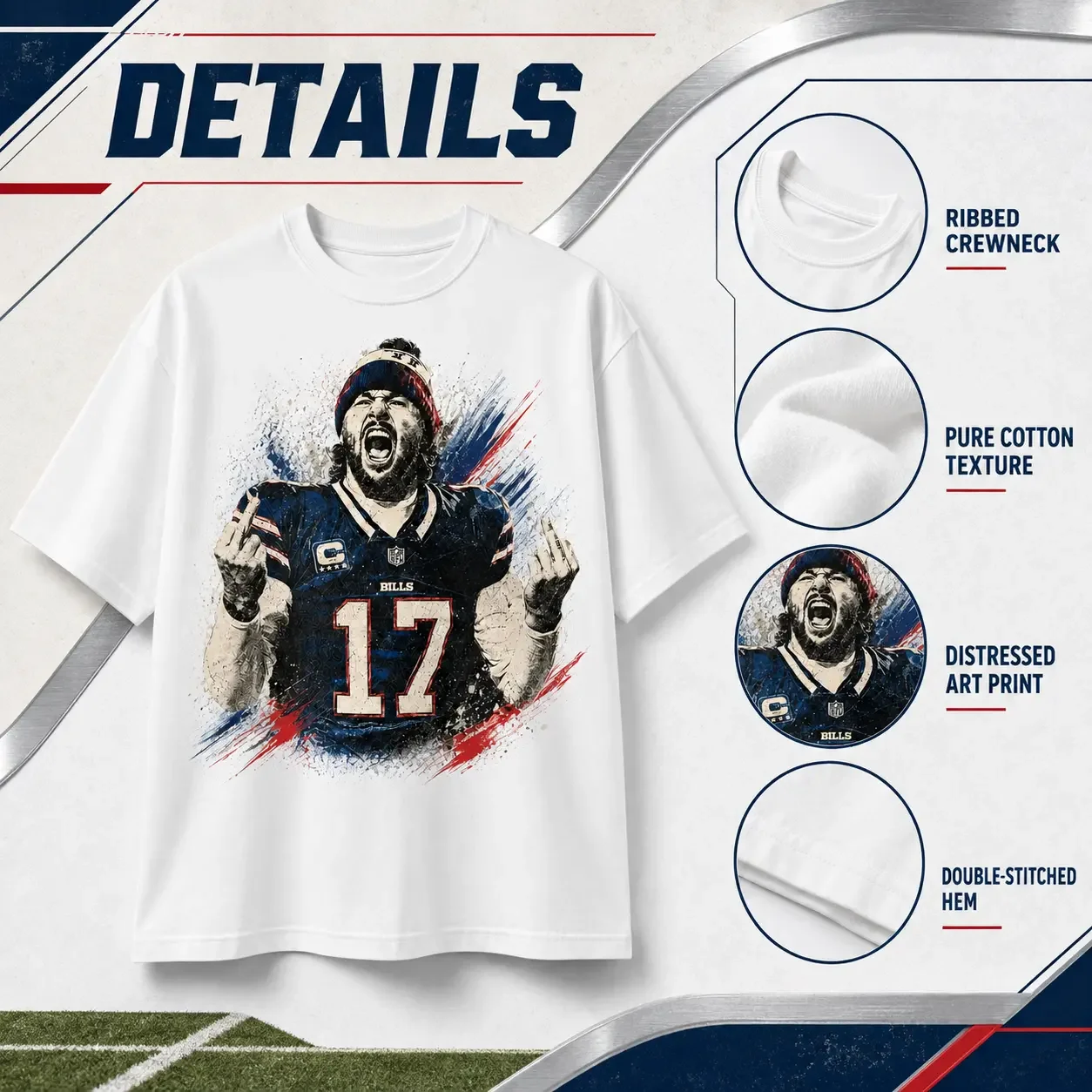 Josh Allen # 17 Bills Retro Scream Graphic  Football T-Shirt, Washed Cotton Fan Gift Tee
