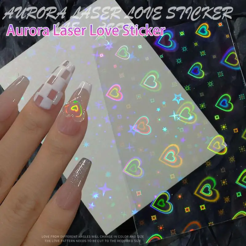 Aurora Laser Heart Nail Art Sticker Super Shiny Love Star Pattern Nail Glass Foil Film Sticker Manicure Nail Decoration