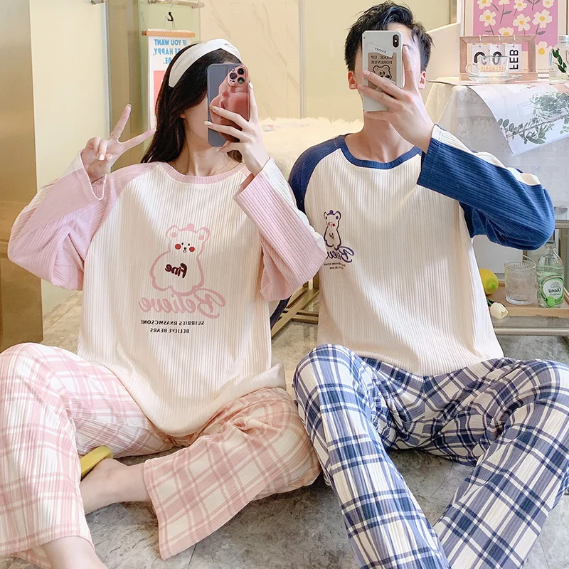 Cute Cartoon Sleepwear Cotton Pajamas Couple Long Sleeves Pajamas Suit Pajama Women Men Lounge wear Plus Size Home Clothe