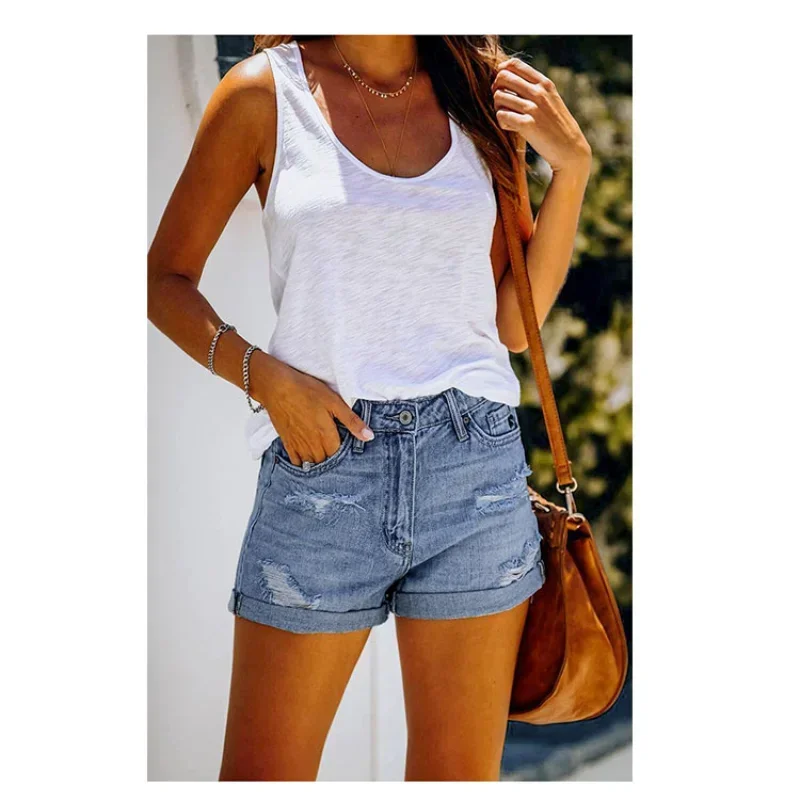 

2024 Summer Urban Women's Casual Straight Leg Pants Denim Shorts Washed Mid Rise Pants