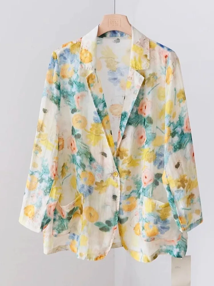 

Высококачественный длинный костюм из хлопка и льна, женский костюм-джак весна-лето, винтажный желтый льняной материал с цветочным принтом, тонкий топ