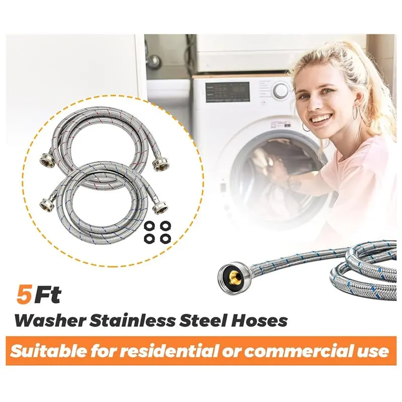 For Washer Braided Stainless Steel Hoses 2Pack 5Ft 3/4