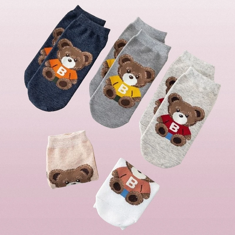 5/10 Pairs Women's Boat Socks Cartoon Bear Casual Socks Women's College Style Straight Socks Cotton Breathable Short Socks