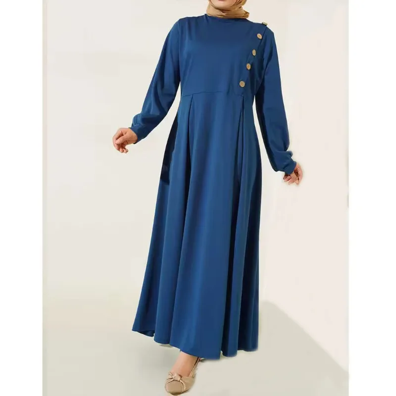 Middle East Muslim Women Long Sleeve Solid Color Dress Abaya Long Robe Elegant Islamic Fashion