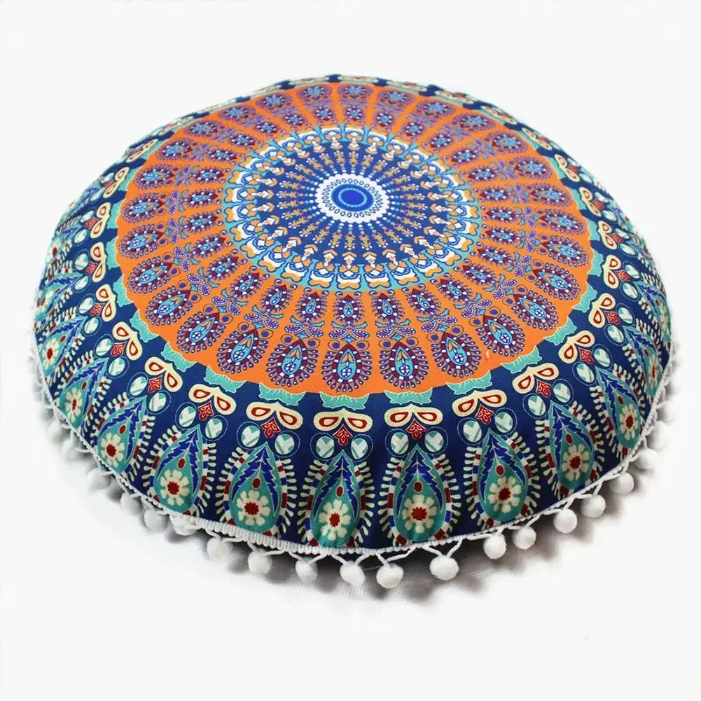 43CM Round Bohemian Mandala Pattern Pillowcase Indian Elephant Printed Cushion Cover Boho Meditation Floor Pillows Case