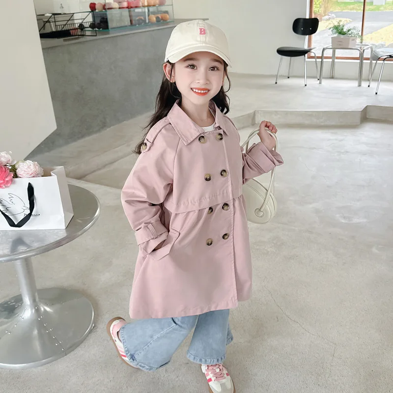 Girls' trench coat, autumn collection, new children's British style double breasted top baby coat, medium to long style