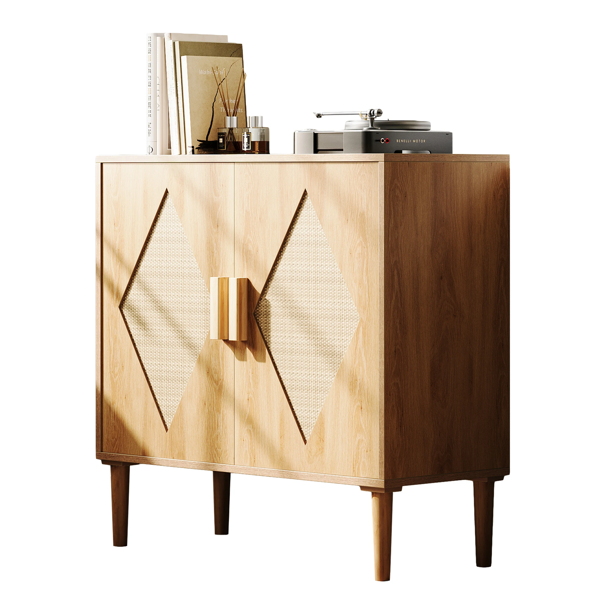Boho Rattan Sideboard Cabinet with Diamond Weave Doors – 31.5