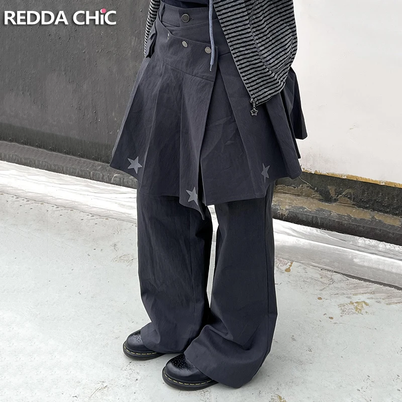 REDDACHiC Women Retro Gray Suit Trousers Grunge Skirt Detachable Loose Star Print Draped Pleats Bell Bottoms Korea Streetwear