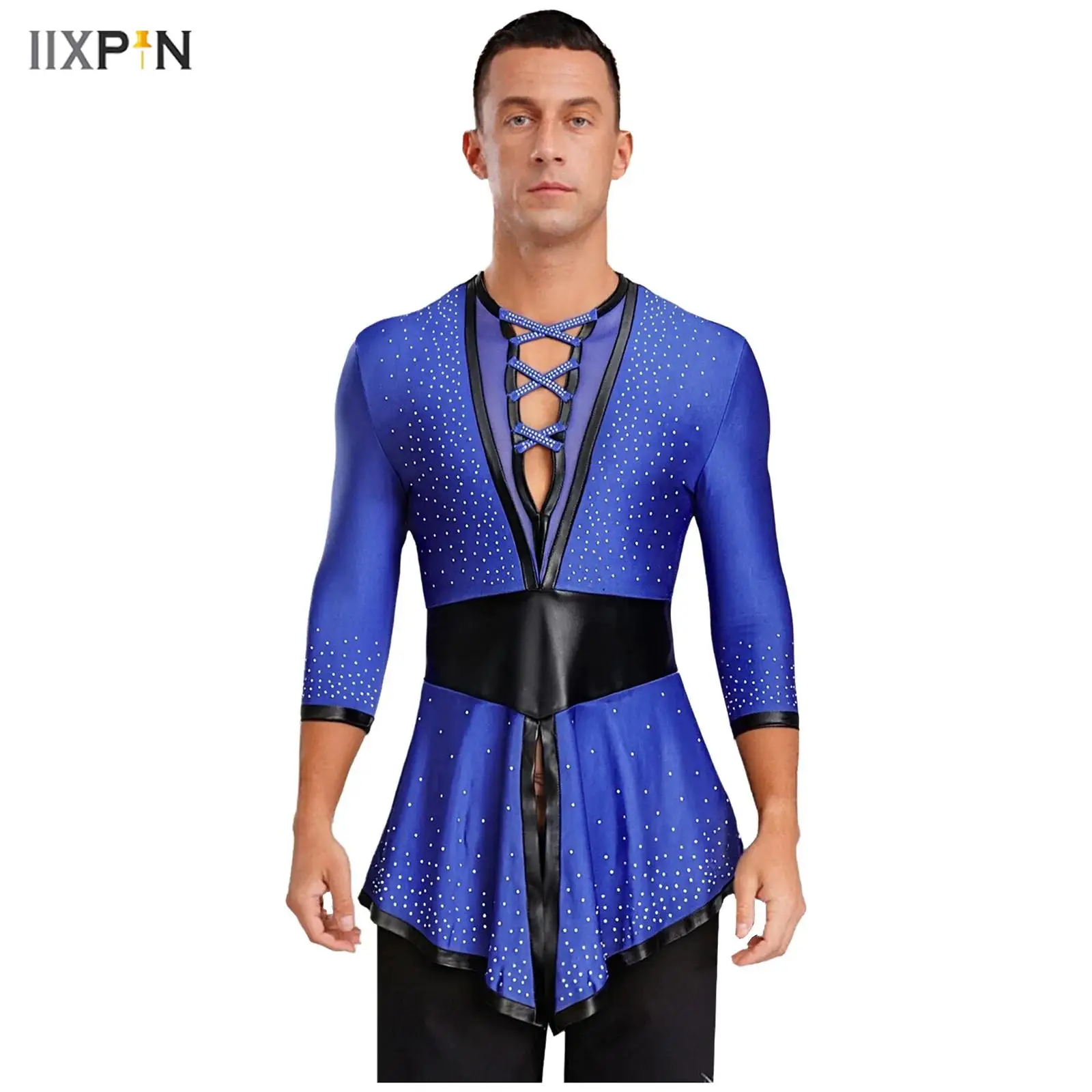 

Mens Latin Dance Top Gothic Shiny Rhinestones Contrast Color Long Sleeve Swallowtail Shirt Tops for Tango Flamenco Ballrooms