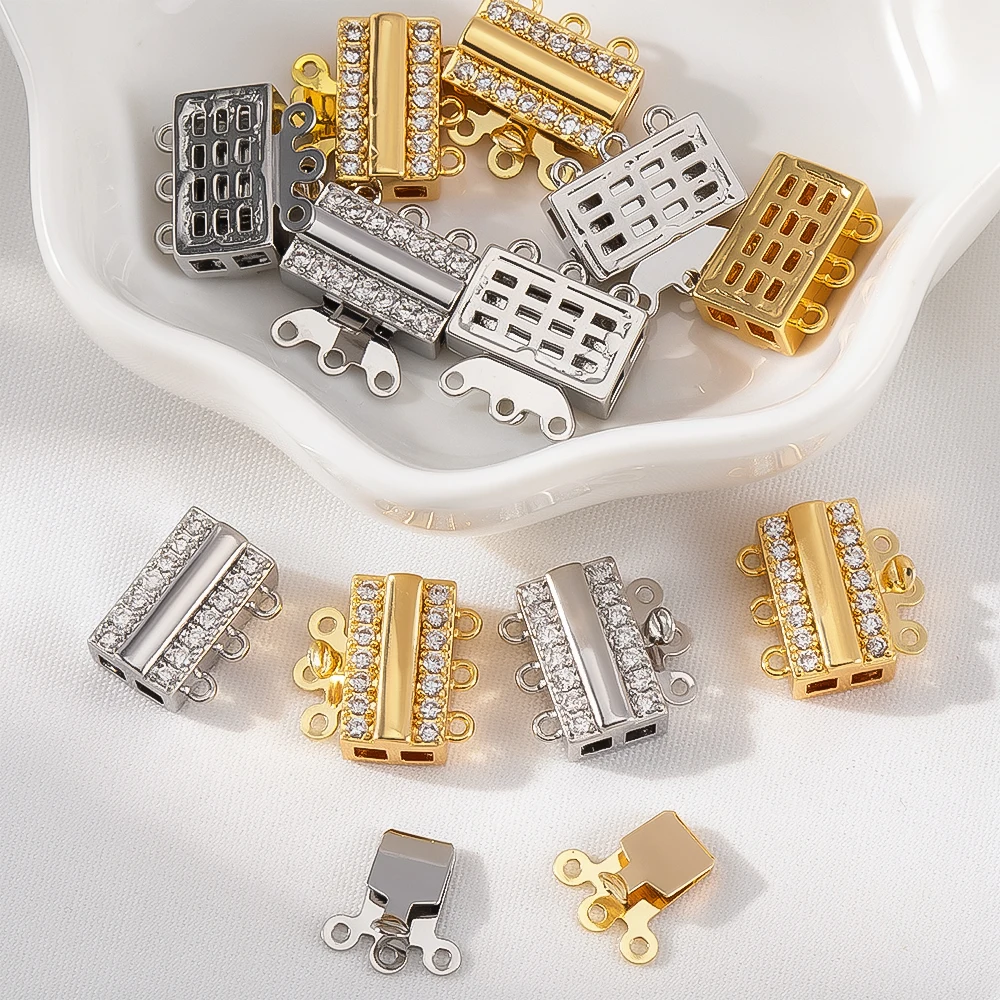 18K Plated Brass Square Connector Clasps Locks Three-Row Slide Fastener Jewelry Findings Zircon Pearl Clasp for Necklaces Making