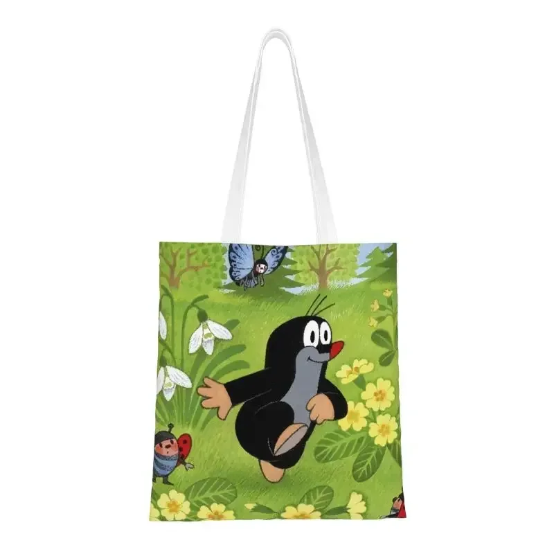 

Cute Happy Mole Krtek Shopping Bag Women Shoulder Canvas Tote Bag Portable Cartoon Little Maulwurf Grocery Shopper Bags