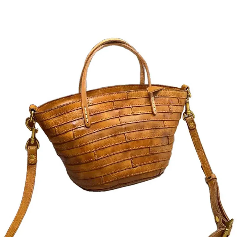 Luxury Women Basket Bags Green Real Cow Leather Lady Tote Vintage Designer Patchwork Bucket Bag High Quality Stripe Shoulder